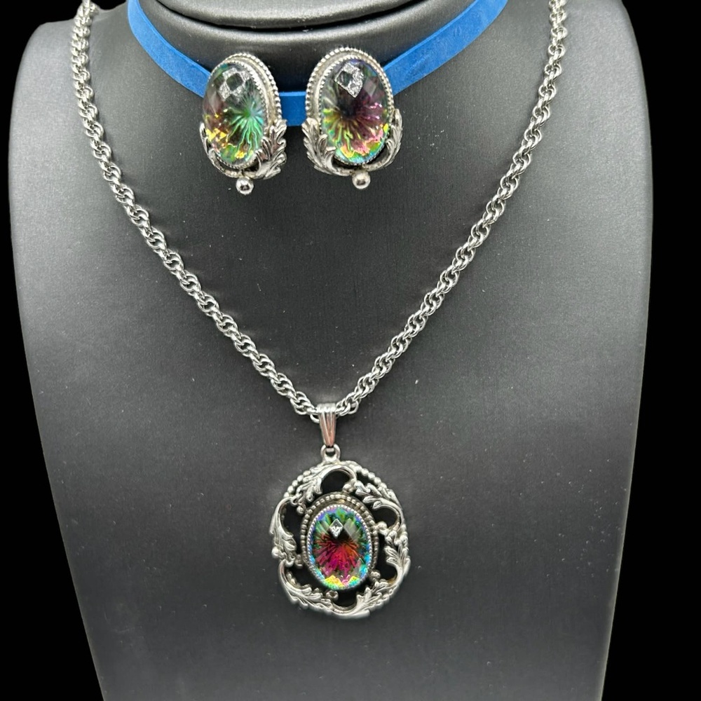 Vintage Whiting Davis Vitrail Glass Necklace Earring Set Original Box - Picture 3 of 12
